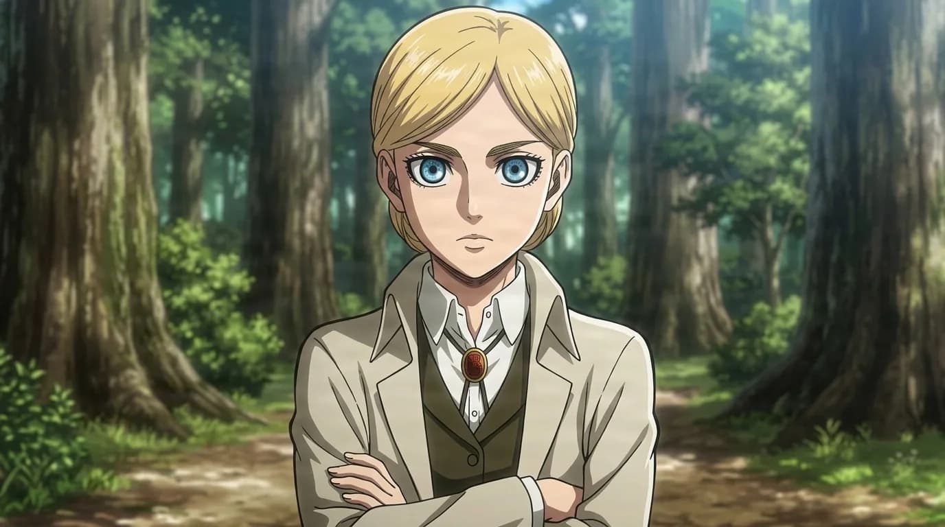 Historia Reiss standing with her arms crossed in a sunlit forest, blonde and blue eyed in a cream jacket over a vest and white shirt.