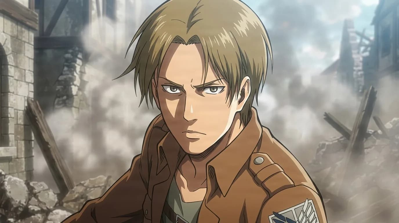 Ian Dietrich glaring ahead amid smoking rubble, blond hair and a brown Survey Corps jacket with the Wings of Freedom crest.
