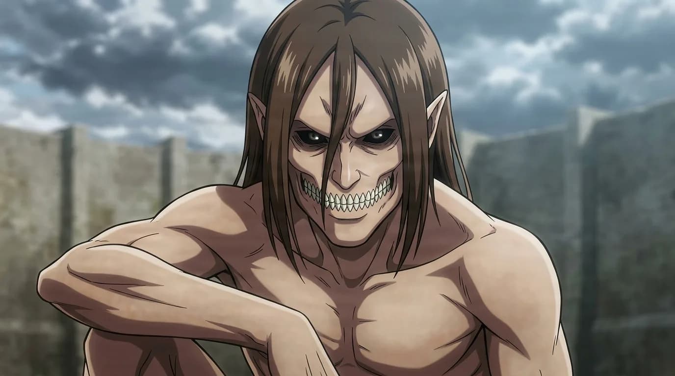 The Jaw Titan, a lean titan with long brown hair, pointed ears and a gaping toothy mouth, crouches before towering walls.