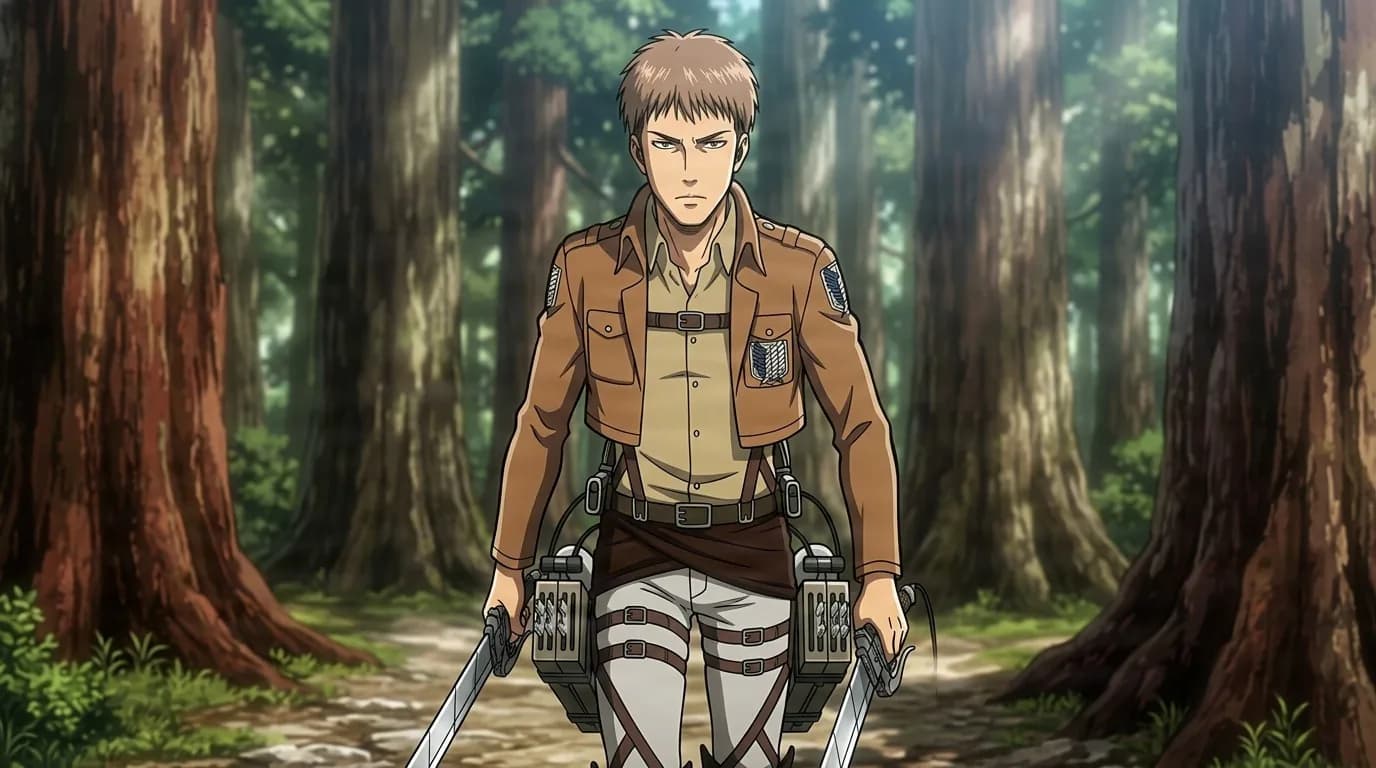 Jean Kirstein standing in a forest of giant trees, twin blades drawn and ODM gear strapped on over his Survey Corps jacket