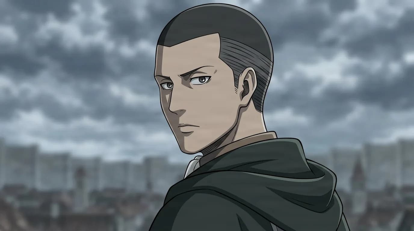 Keiji glancing back over his shoulder in a dark green hooded cloak, stormy grey sky above the city rooftops behind him