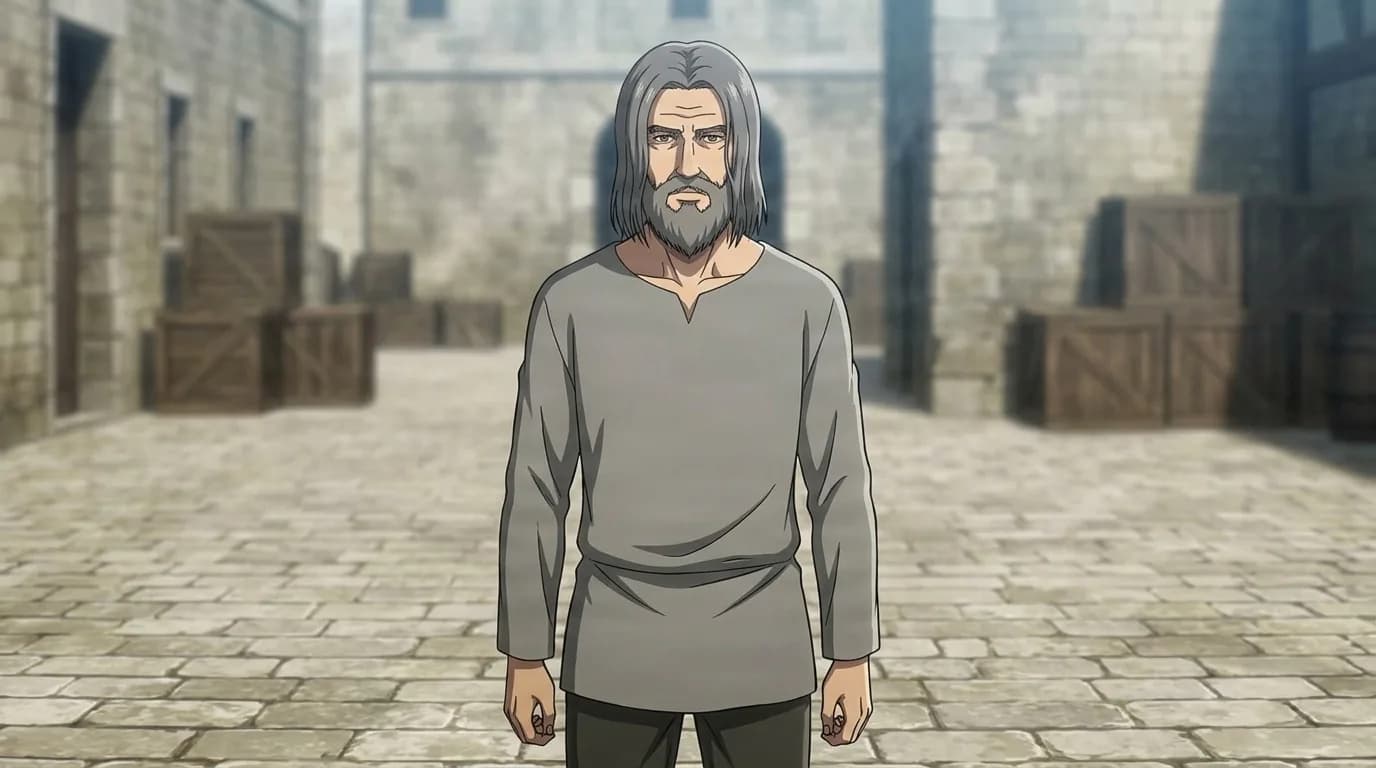 Kenny's grandfather, a grey-haired bearded man in a plain grey tunic, standing solemnly in a stone courtyard