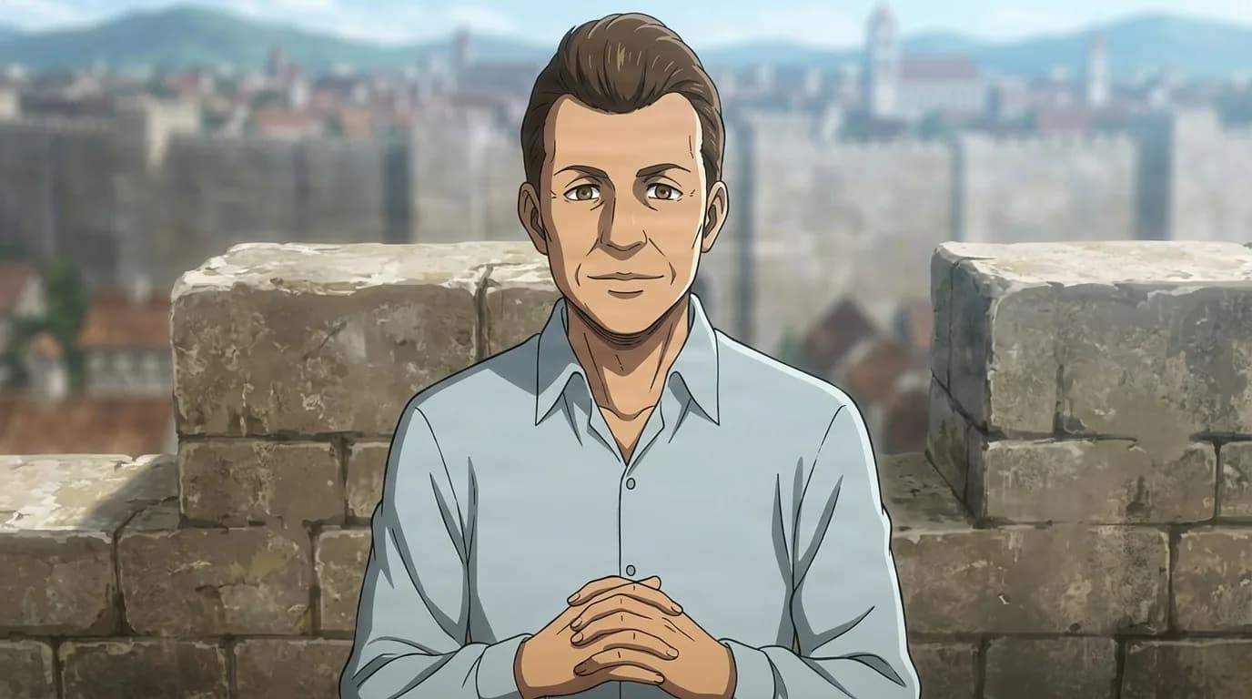 Klaus, a brown-haired man in a light blue shirt, hands clasped, standing on a stone wall above a walled town