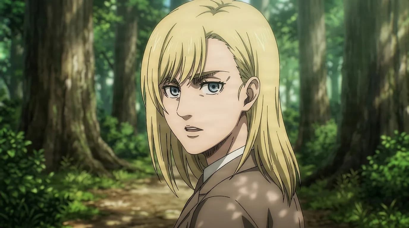 Leonhart glancing back over one shoulder, blond hair framing pale blue eyes, in a brown jacket on a sunlit forest path