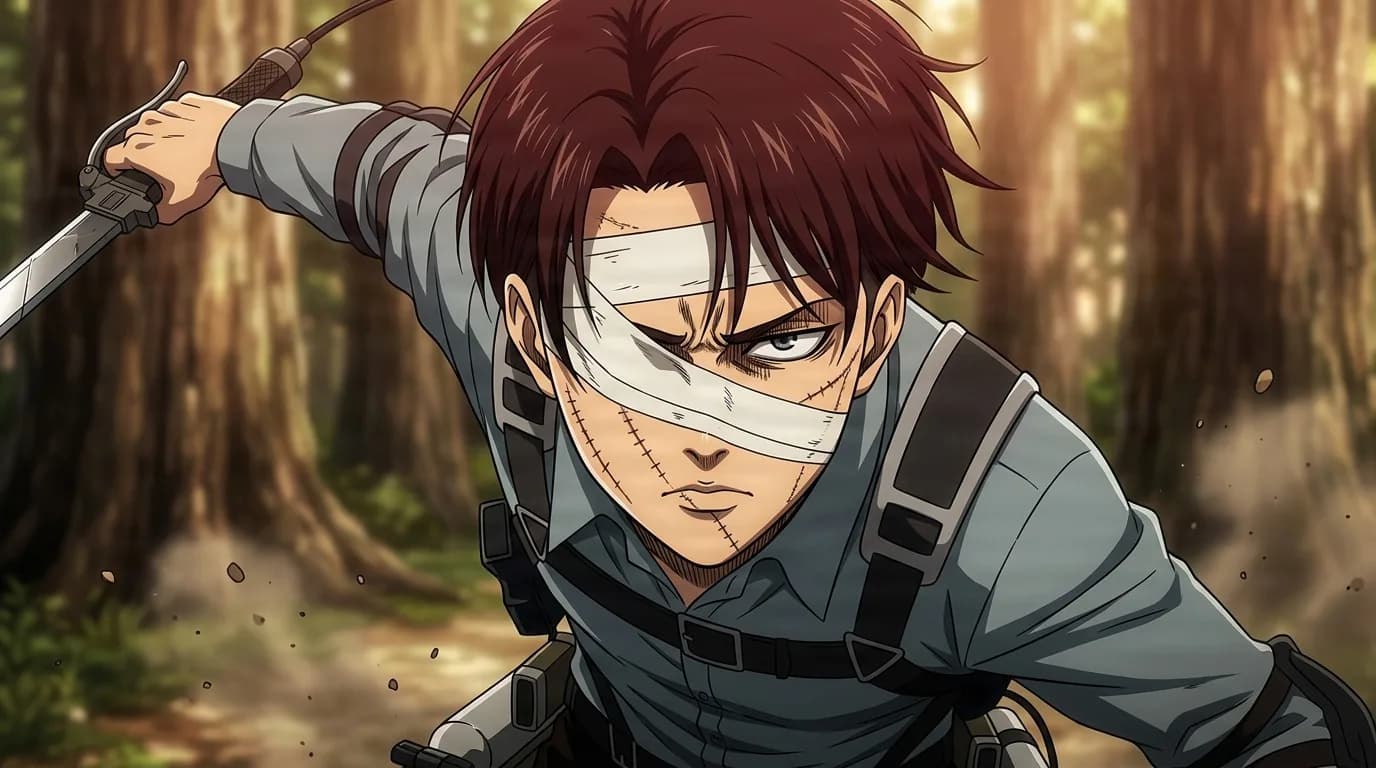 Levi Ackerman drawing a blade in a sunlit forest, face bandaged and stitched with scars, ODM harness over a grey shirt