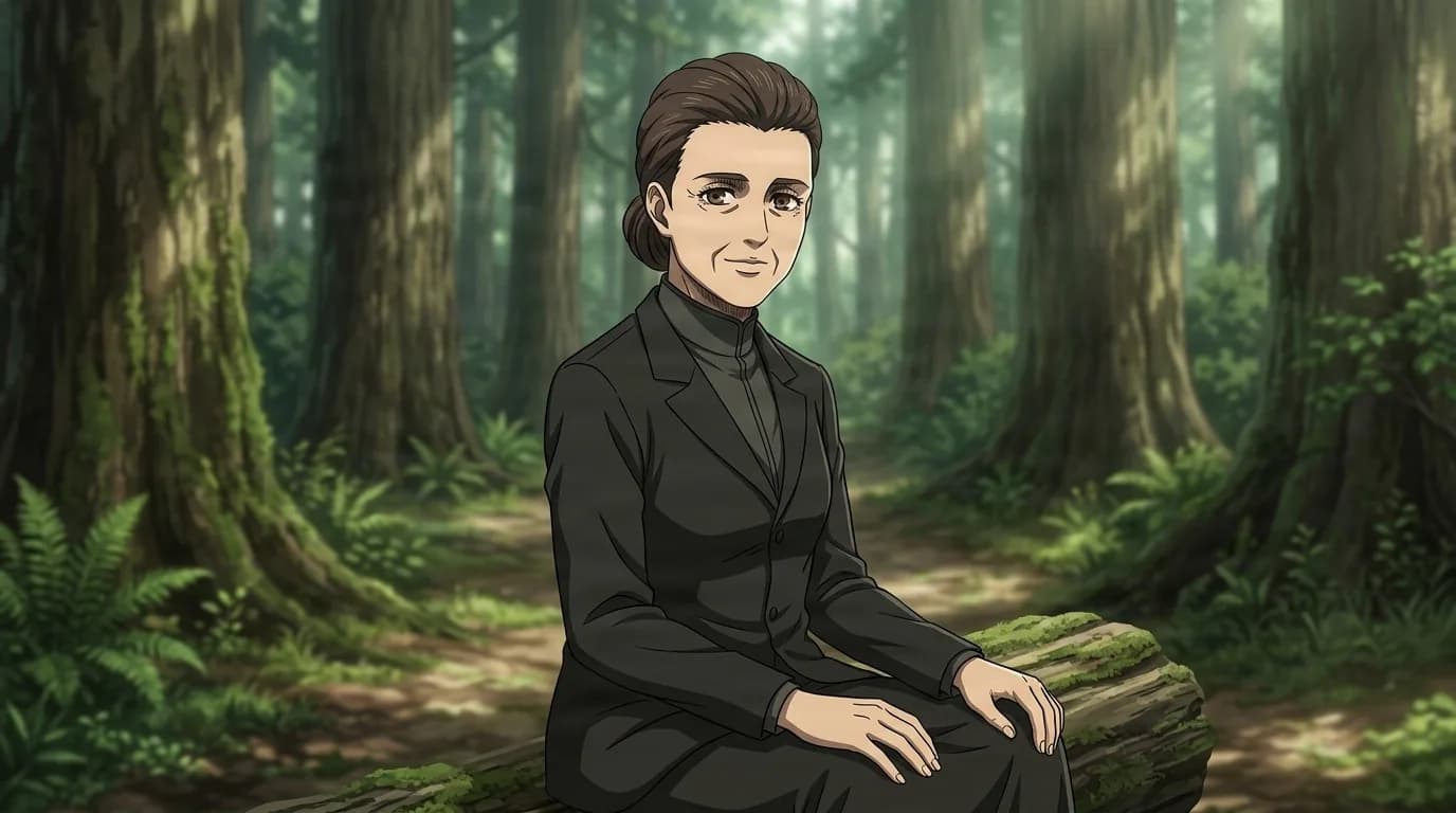 Lisa Blouse sitting on a mossy log with a soft smile, hair pinned back, dark buttoned jacket and long skirt, sunlit forest around her