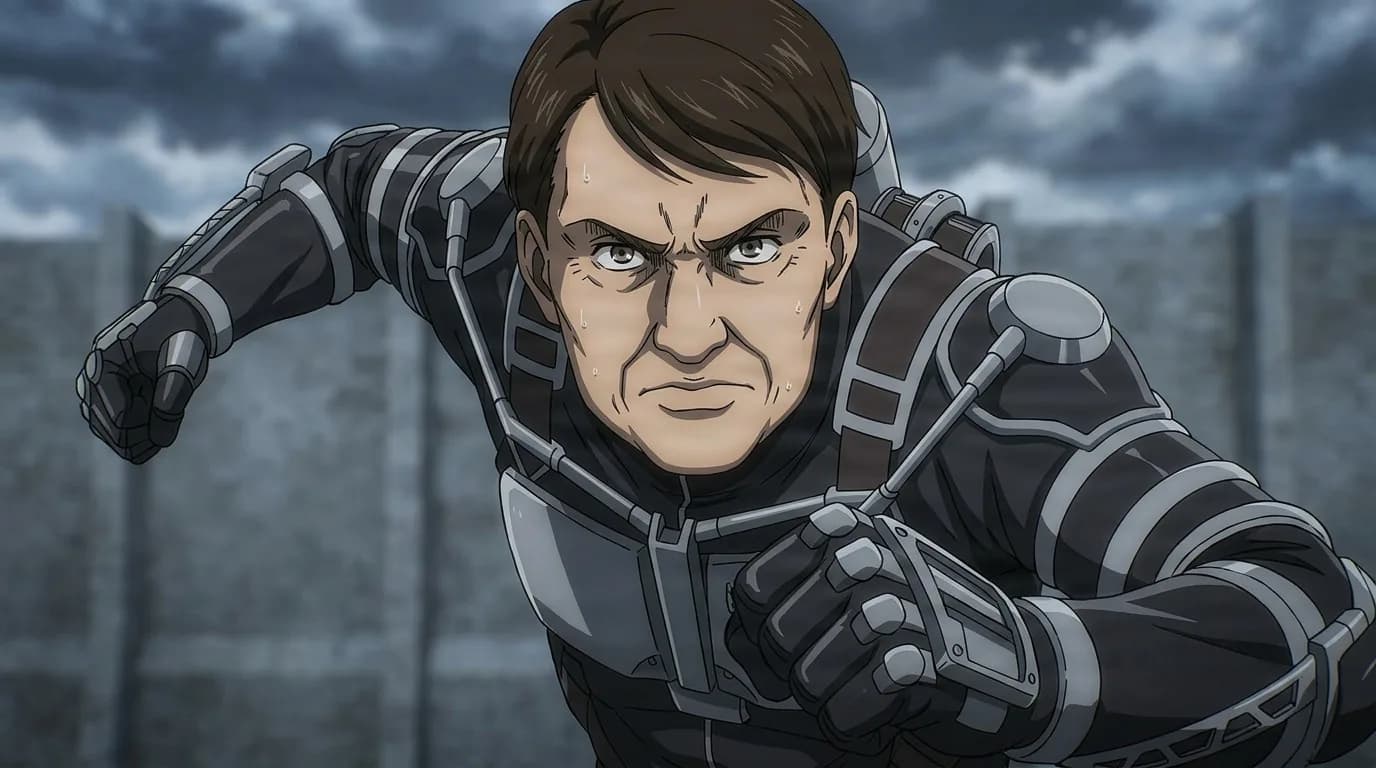 Lobov lunging forward in black vertical maneuvering gear, brown hair and a sweating scowl, grey walls under storm clouds
