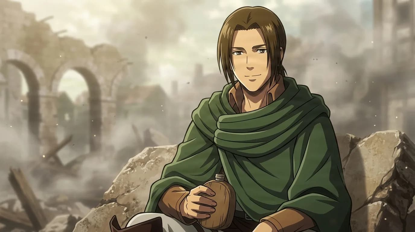 Luke Siss, a brown-haired man wrapped in a green cloak, smiling while holding a canteen amid ruined stone arches and smoke