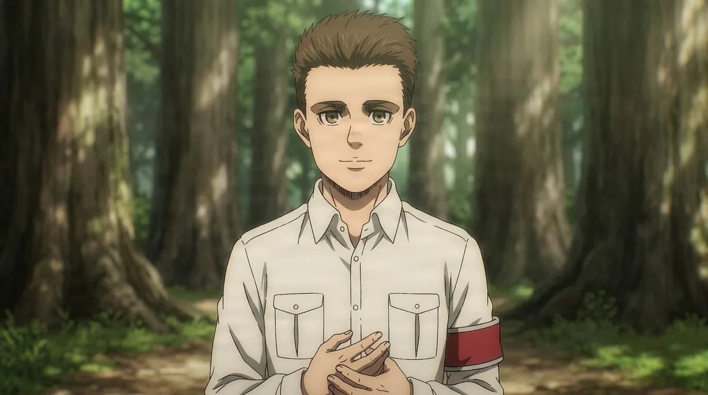Marcel Galliard smiling faintly in a cream uniform shirt with a red armband, hands clasped, in a sunlit forest of tall trees