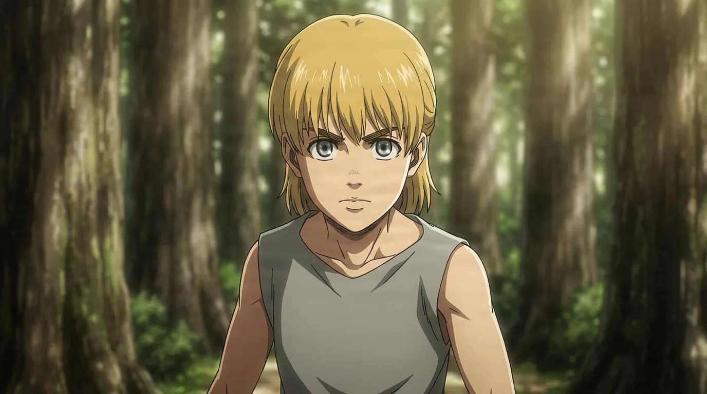 Maria Fritz standing in a sunlit forest, blonde chin-length hair, pale grey eyes and a plain grey sleeveless top