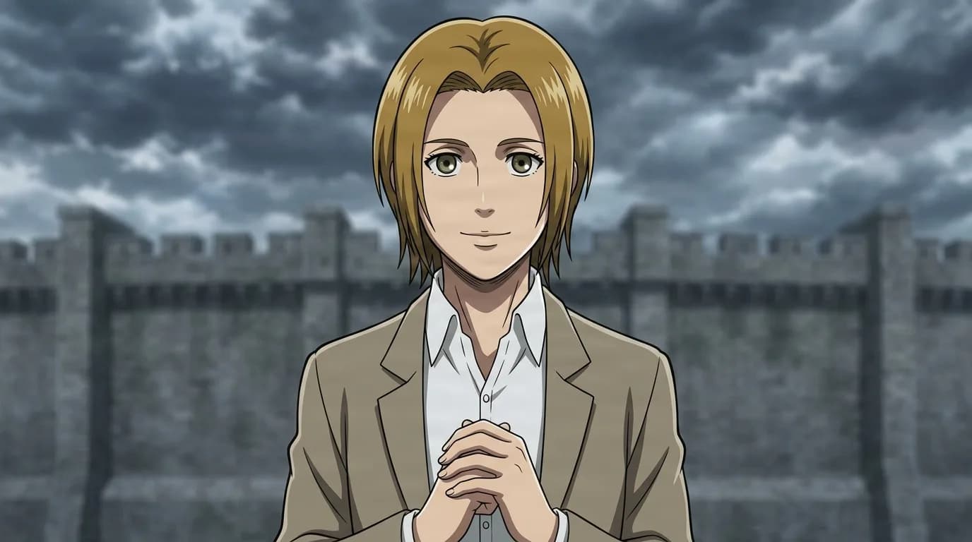 Marlene, a light-haired woman in a tan coat, hands clasped and smiling gently before a stone fortress wall