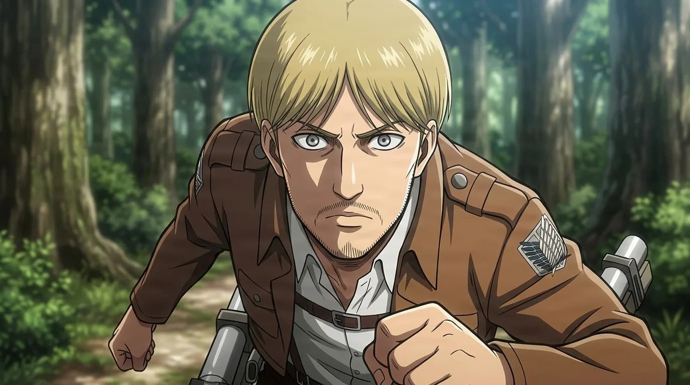 Mike Zacharias leans forward in a sunlit forest, fists raised, wearing a brown Survey Corps jacket with the Wings of Freedom patch.