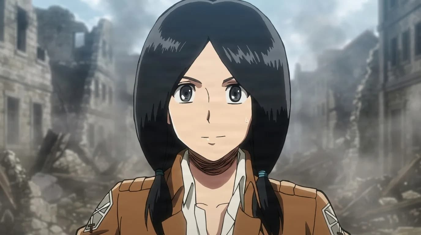 茶色の訓練兵団ジャケットを着てかすかに微笑むミーナ・カロライナ。低い位置のおさげの黒髪で、背景には壊れた石造りの建物と塵