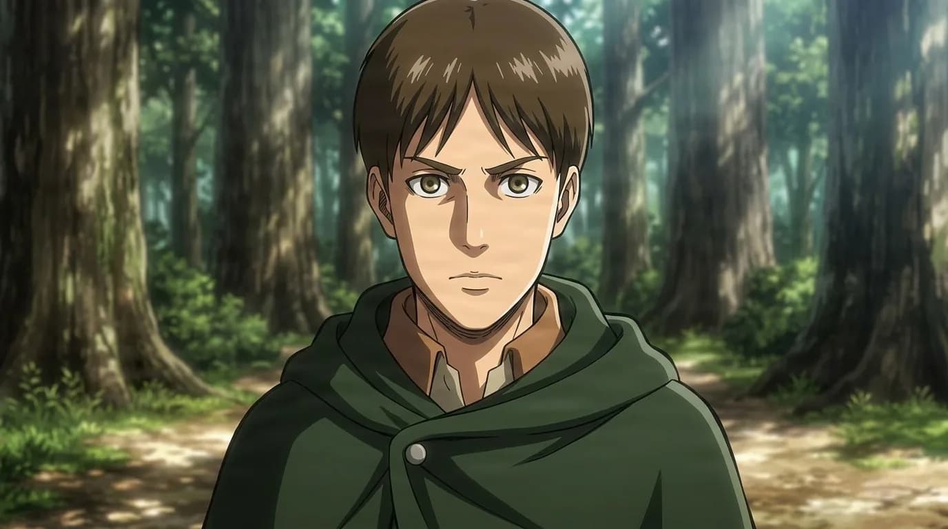 Moblit Berner in a green Survey Corps cloak, brown hair and a serious look, standing on a sunlit path among tall forest trees.