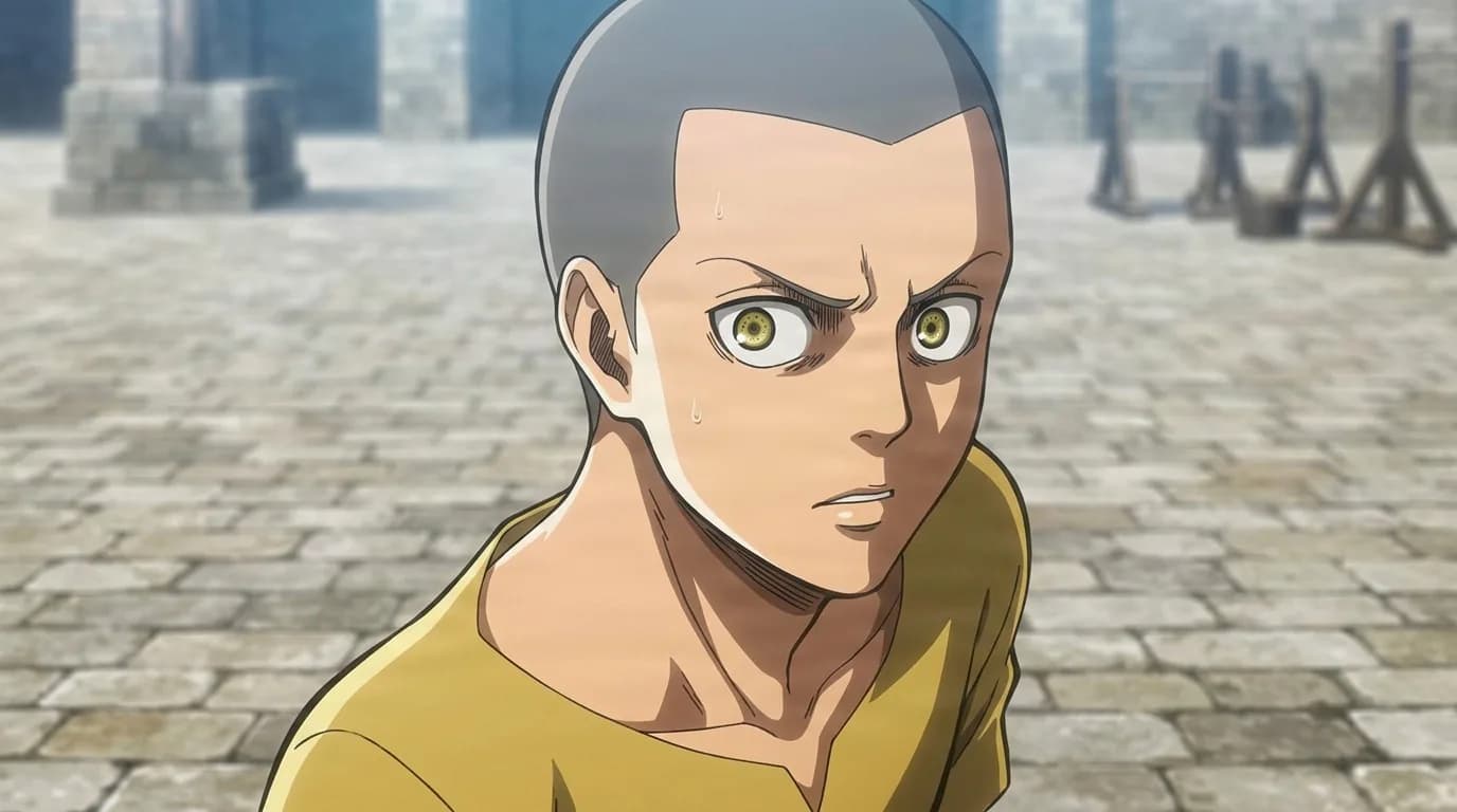 Ms. Springer wide eyed and sweating on a cobblestone plaza, close cropped hair and a mustard yellow shirt
