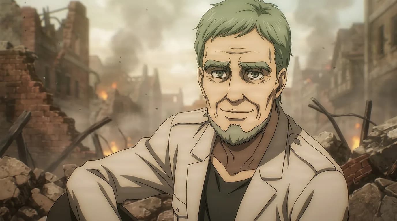 Muller resting among smoking rubble with a weary half smile, grey green hair and beard, cream coat over a dark shirt and scarf