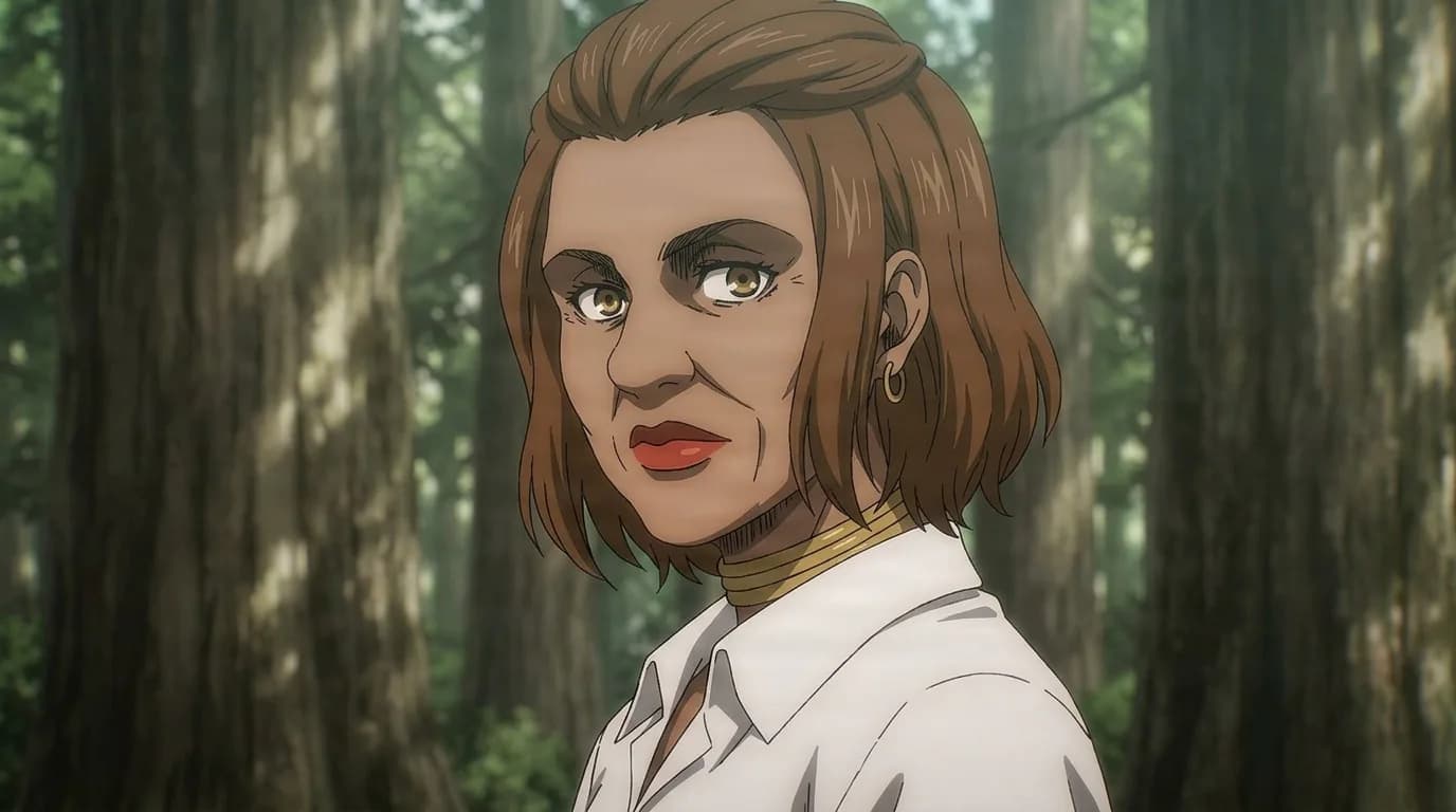 Nambia, a middle-aged brown-haired woman with red lipstick and a gold earring, glancing over her shoulder in a sunlit forest
