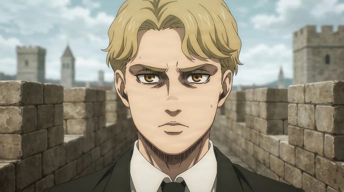 Niccolo, a blond man with thick eyebrows and stubble in a dark suit, stands atop a stone wall overlooking a town.