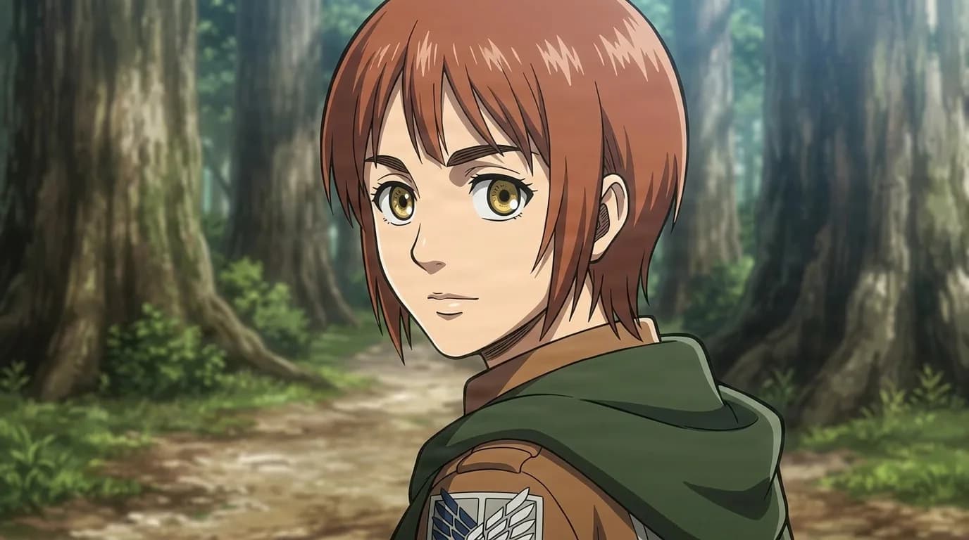 Nifa, short auburn hair and amber eyes, turning to look back in her Survey Corps jacket and green cloak on a wooded trail