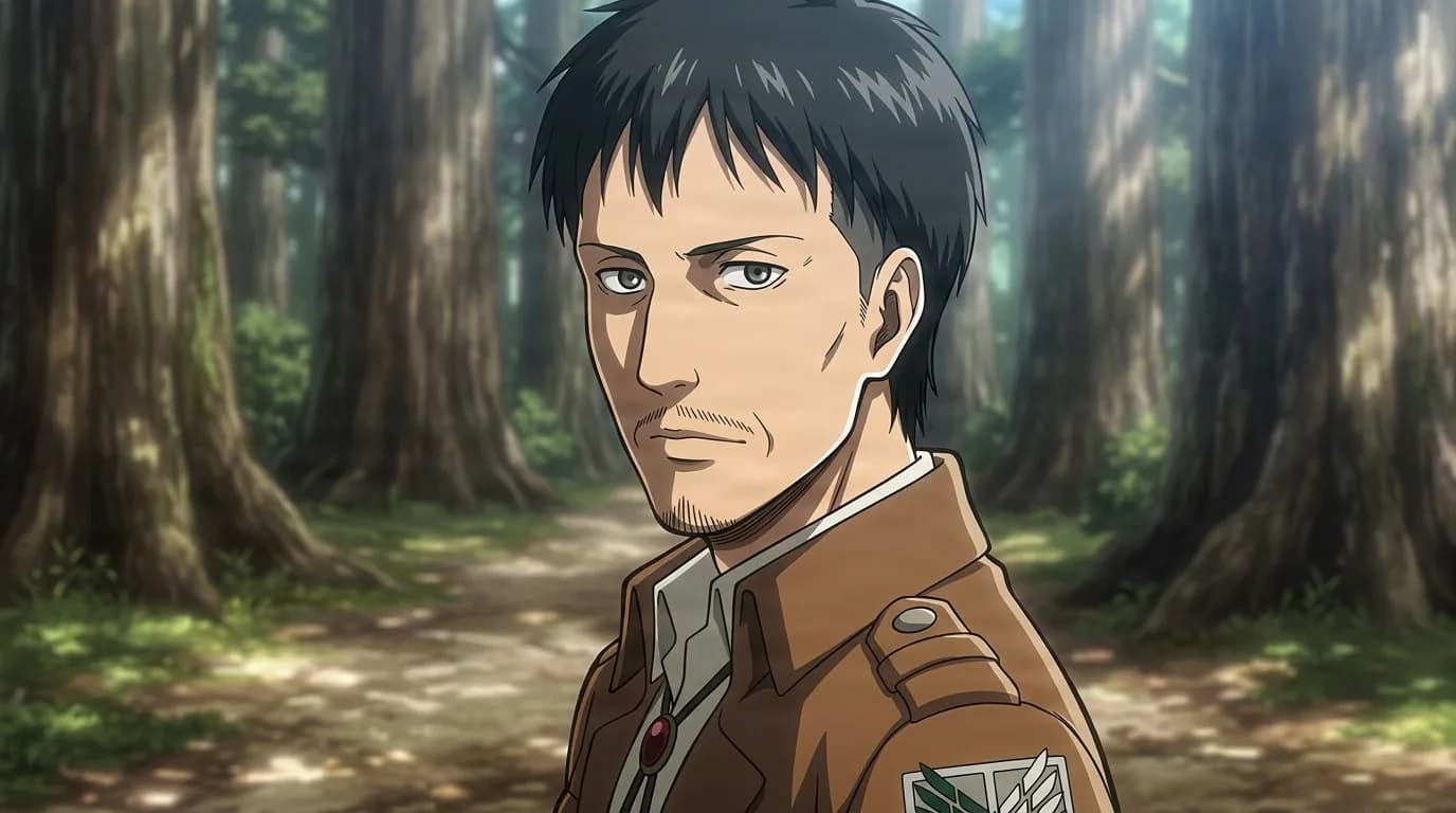 Nile Dok glancing back with a wry look, stubbled jaw and black hair, brown military jacket bearing the Survey Corps crest, sunlit forest path