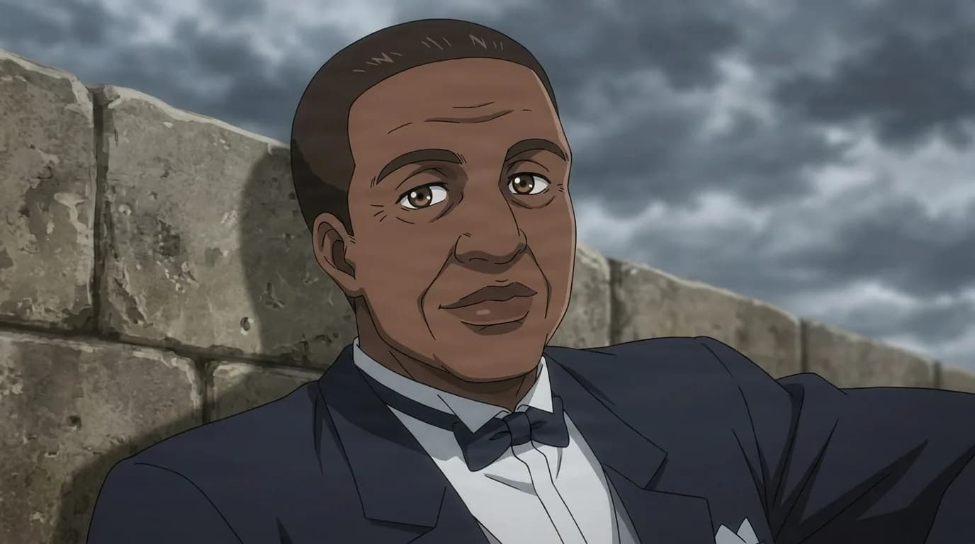 Ogweno seated against a stone wall in a navy tuxedo and bow tie, close-cropped hair and a faint smile