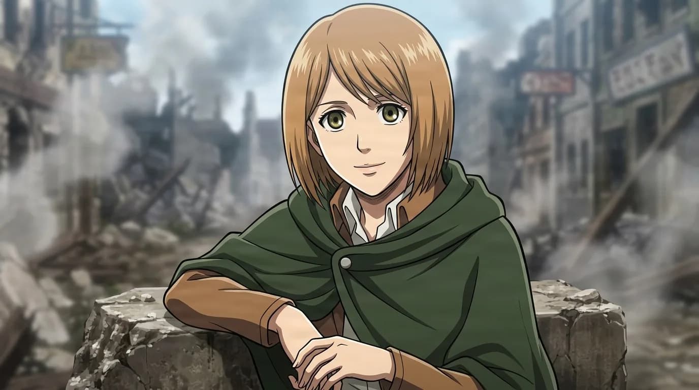 Petra Ral smiling softly in a green Survey Corps cloak, leaning on broken masonry in a bombed-out street full of dust and rubble