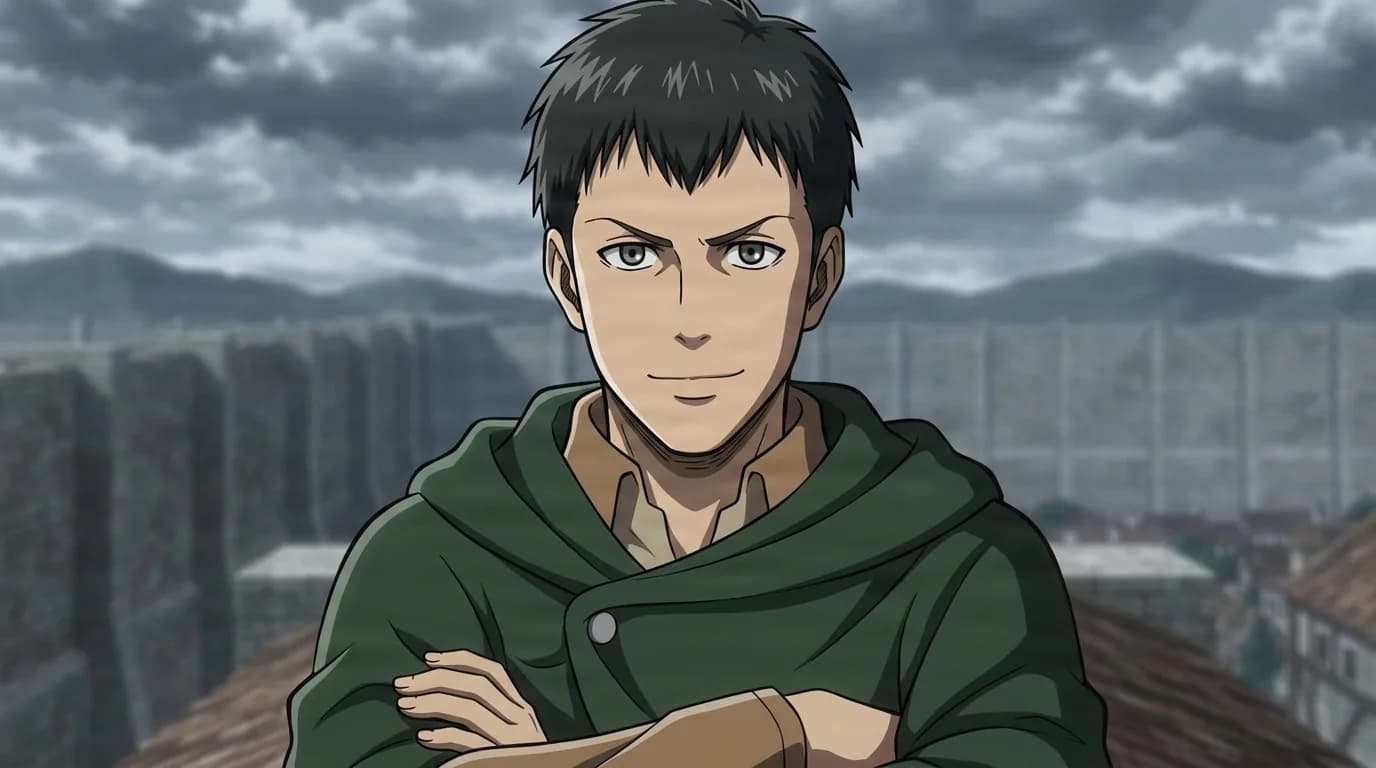 Phil in a green hooded cloak, arms crossed with a smirk, on a rooftop with the wall and grey sky behind