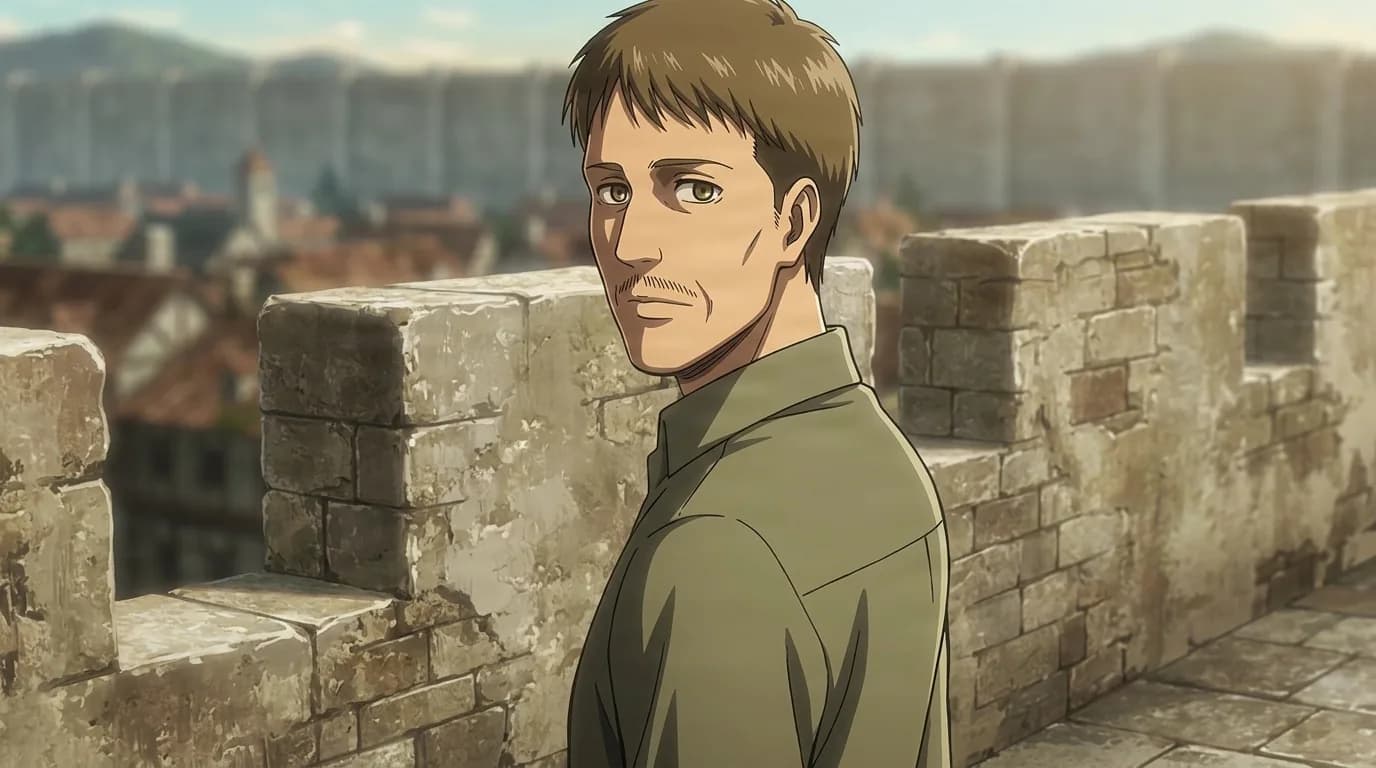 Ralph in an olive jacket glancing back over his shoulder atop a stone wall above a red-roofed town