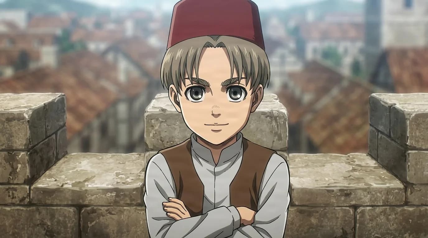 Ramzi in a red fez and brown vest, arms folded on a stone parapet with red-tiled rooftops behind him