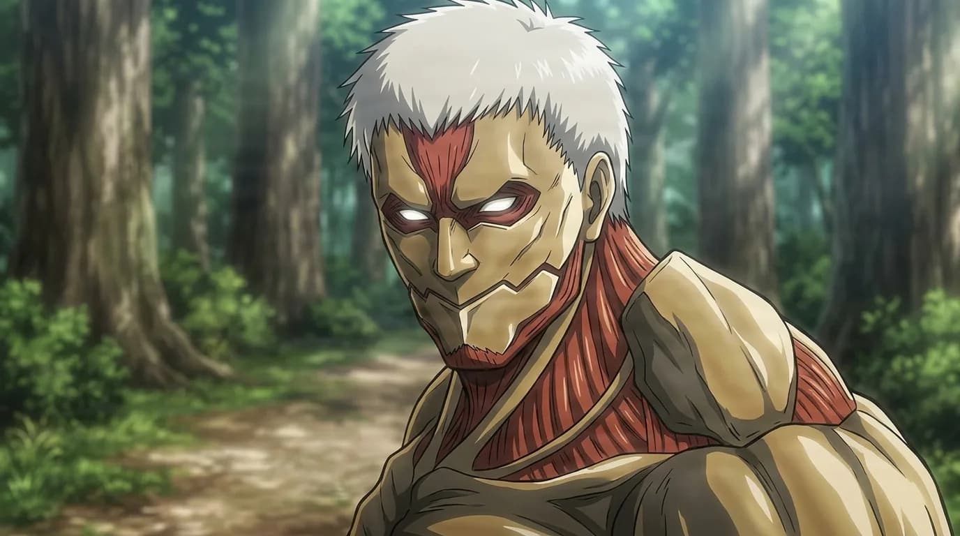 Reiner Braun in his Armored Titan form, a hulking figure with plated bony armor and glowing eyes, stands on a forest path.