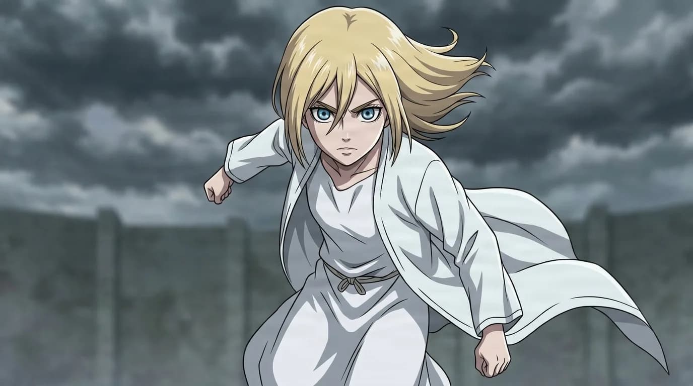 Blonde girl in white robes running past the Reiss Chapel wall, fists clenched and eyes hard, dark storm clouds overhead