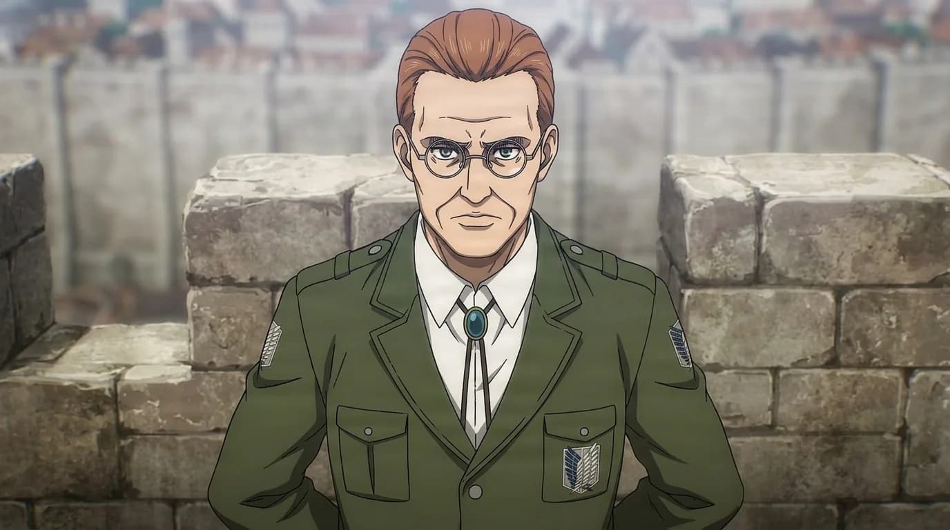 Roeg, an older officer in round glasses and a green Survey Corps jacket with the wing crest, standing stern-faced atop a stone wall