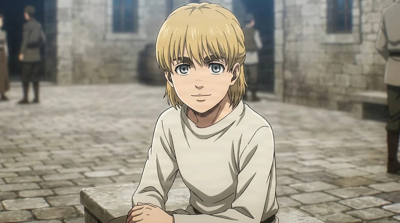 Rose Fritz, a blond youth with wide blue eyes, sitting at a stone table with a faint smile in a courtyard