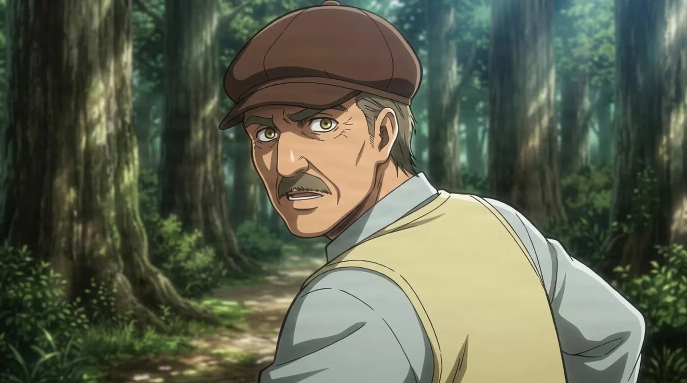 Roy turning to look back with a startled expression, wearing a brown flat cap and tan vest on a sunlit forest path