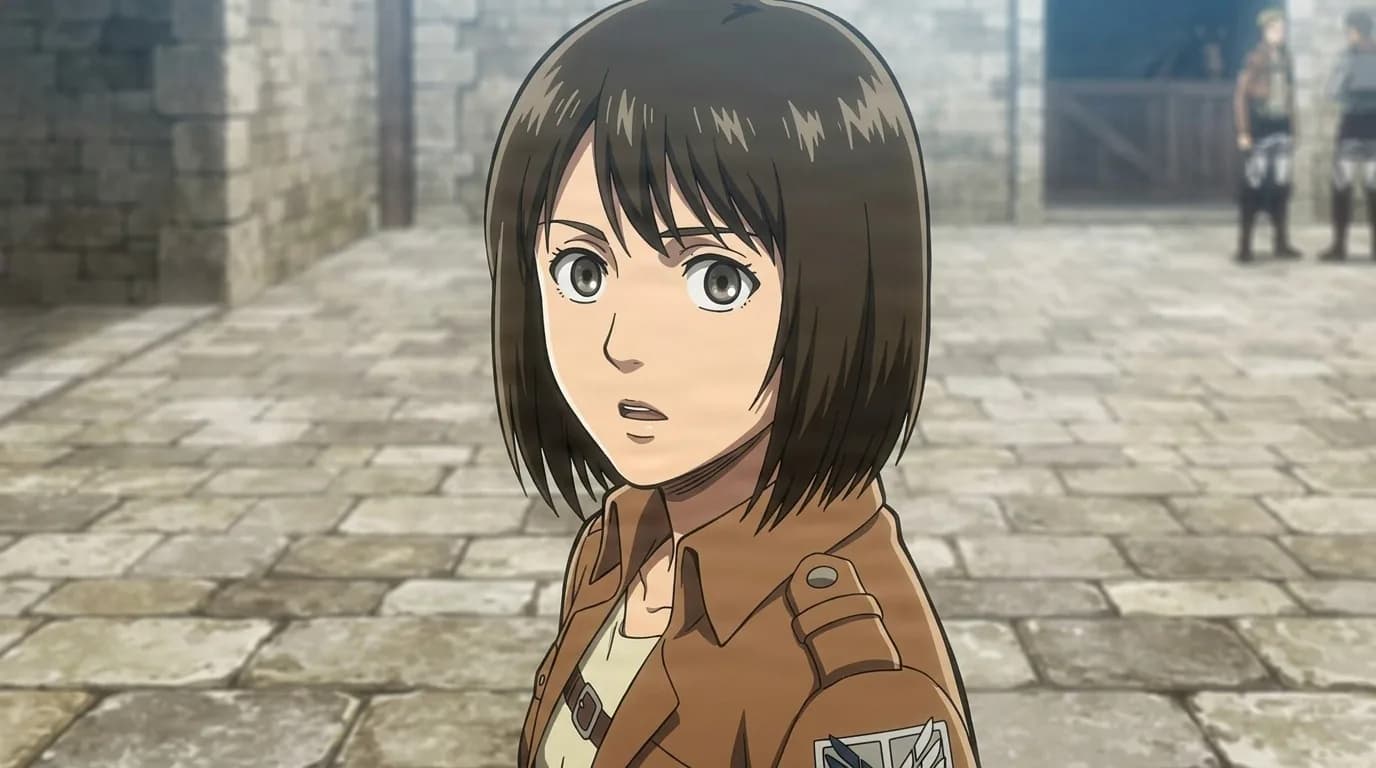 Sandra, a young woman with a dark bob haircut, wide-eyed and startled in a brown Survey Corps jacket in a stone courtyard