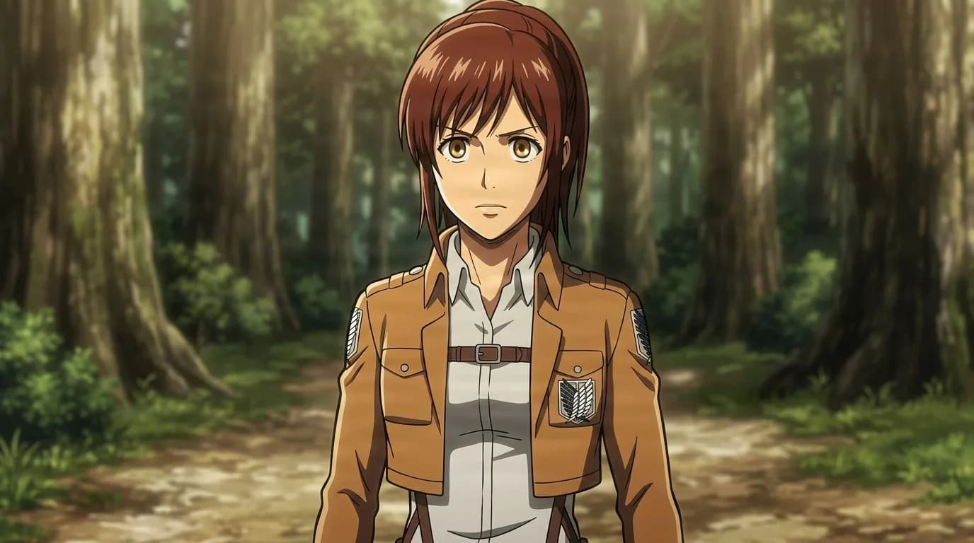 Sasha Blouse standing on a sunlit forest path in her brown Survey Corps jacket, auburn hair tied back, expression alert