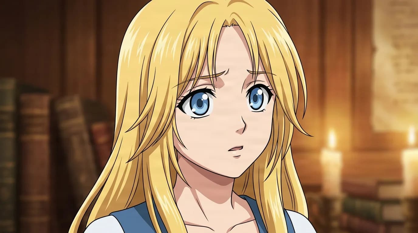 Sharle Inocencio from Attack On Titan in a close-framed cel-shaded anime scene with a detailed environment