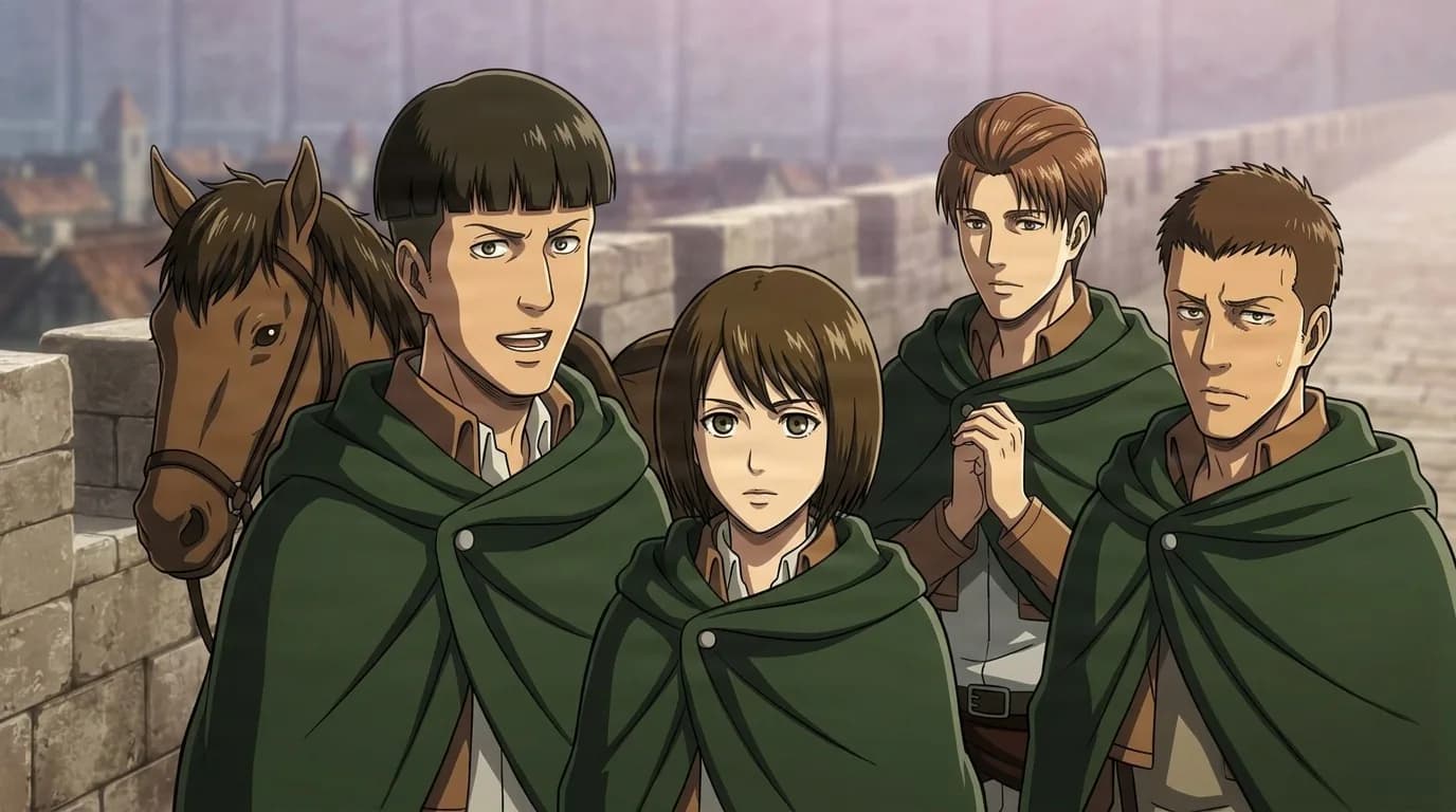 Squad Klaus, four Survey Corps members in green cloaks gathered beside a horse atop the district wall