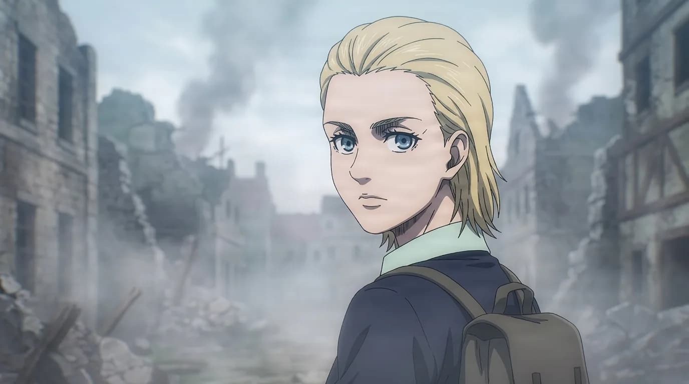 Sunny Springer, a blonde woman with a backpack glancing back over her shoulder amid smoky, war-torn ruins