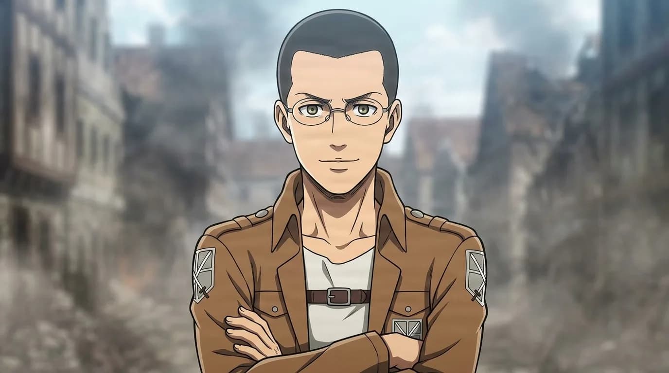 Surma standing with arms crossed and a faint smile, wire glasses and cropped dark hair, brown corps jacket, ruined town behind