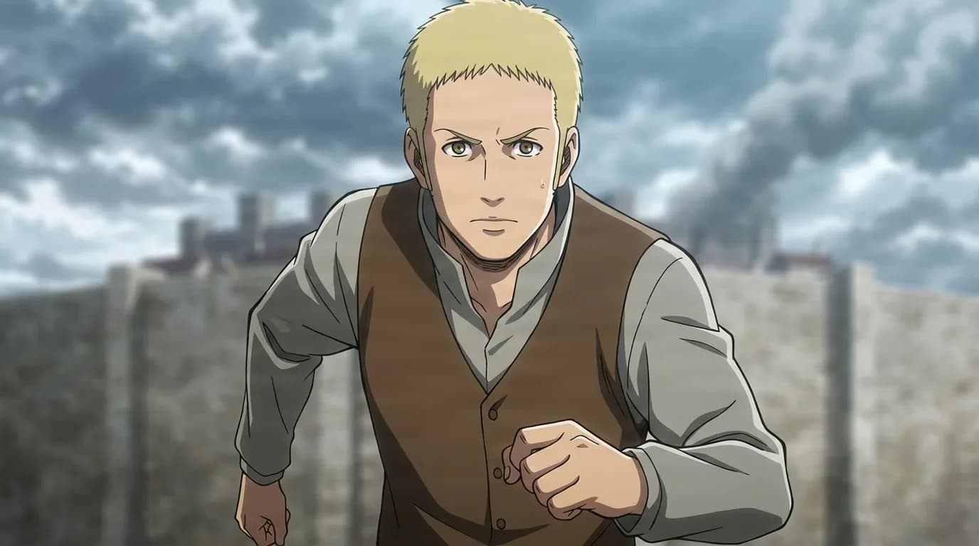 Thomas, a blond man in a brown vest, running forward with a grim expression before the towering district wall