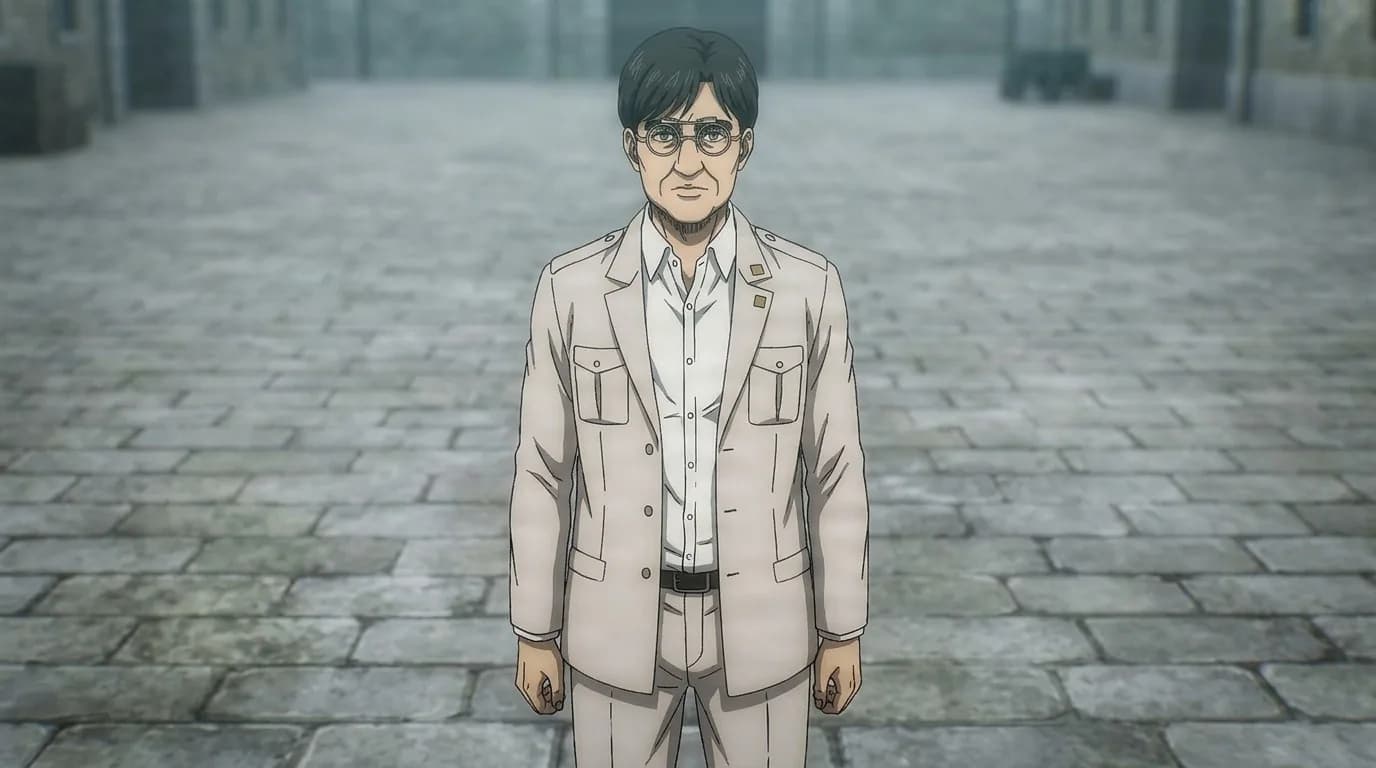 Tom, a bespectacled, dark-haired man in a tan suit, standing stiffly on a foggy cobblestone street