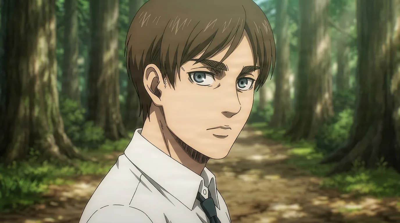 Urklyn Reiss, a brown-haired young man in a white shirt and tie, glancing sideways on a forest path