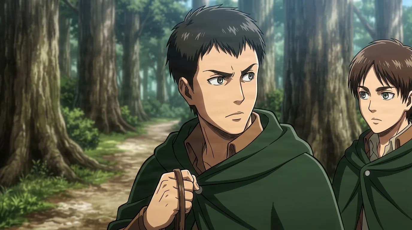 Vanguard Corps member, a black-haired man in a green cloak gripping a strap, walking a forest trail with a companion behind him