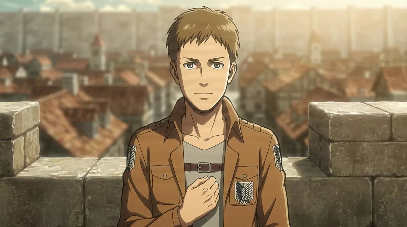 Waltz, a sandy-haired young man in a brown Survey Corps jacket, standing on a stone wall above sunlit rooftops