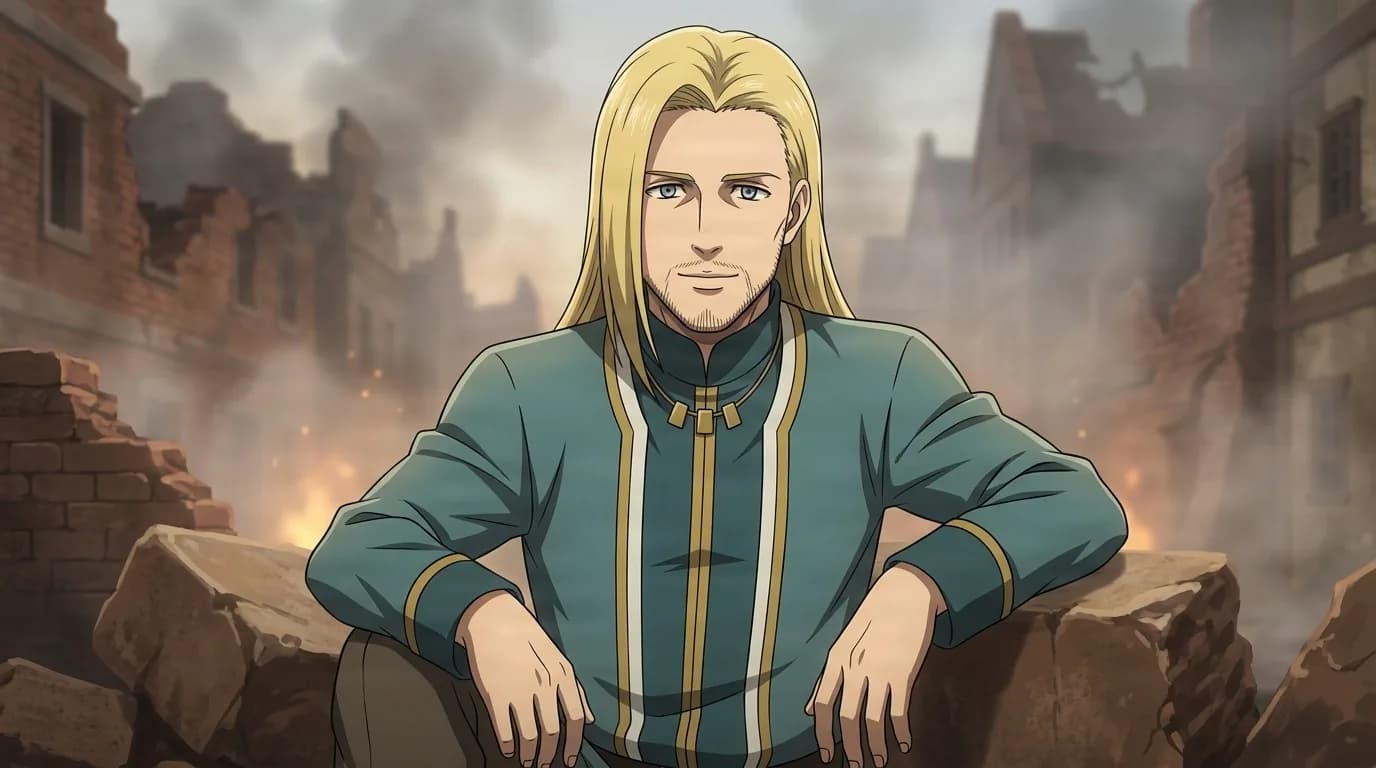 Willy Tybur seated calmly among burning rubble, long blond hair and light stubble, teal gold-trimmed formal jacket, smoke rising behind him