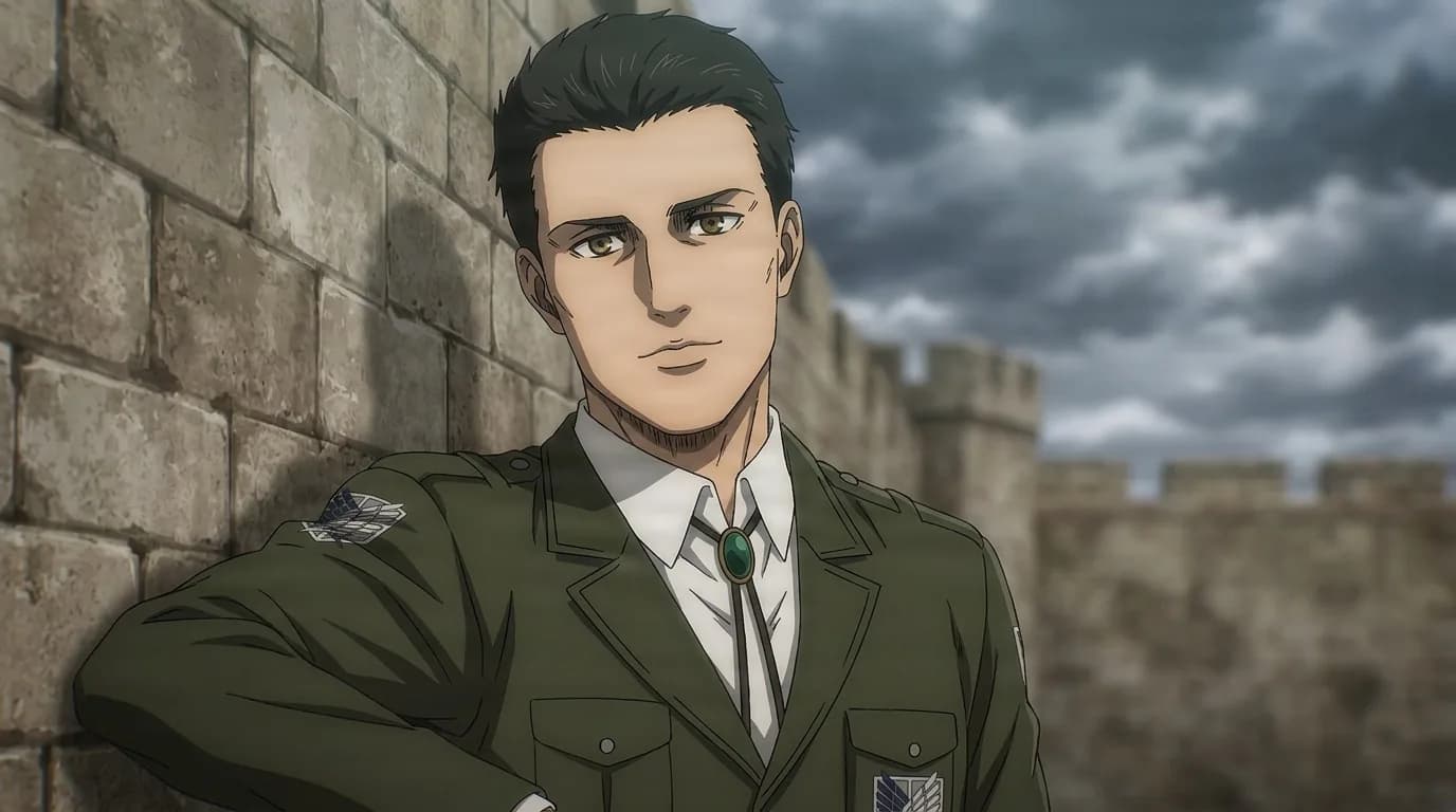 Wim leaning against a stone wall under a cloudy sky, dark cropped hair and a green Survey Corps jacket with the Wings of Freedom emblem.