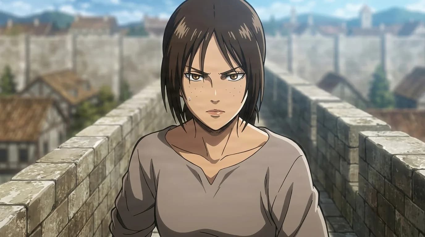 Ymir scowling atop a stone wall in a plain grey shirt, freckles across her face and town rooftops blurred behind her