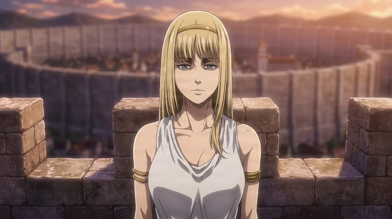 Ymir Fritz in a white shift and gold armbands, standing calm on a stone parapet at sunset with the walled town stretching behind her