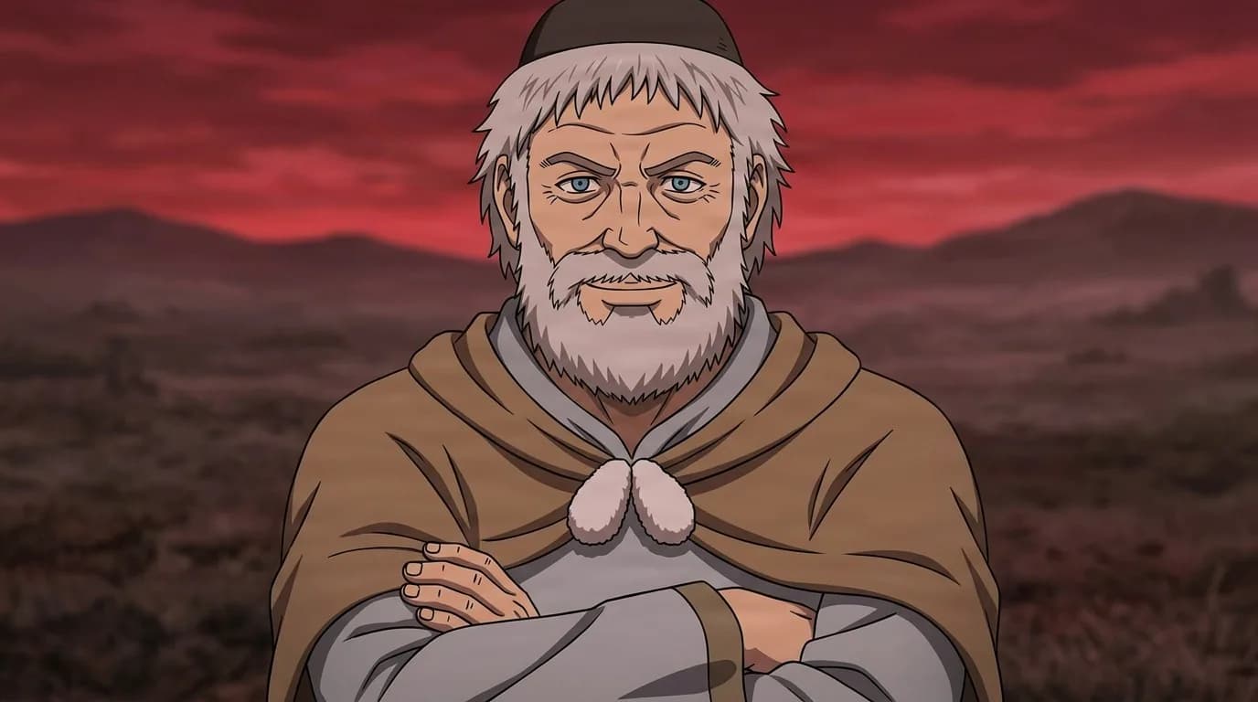Adolf, a white bearded elder in a brown fur trimmed cloak and dark cap, arms folded on open moorland under a red sky